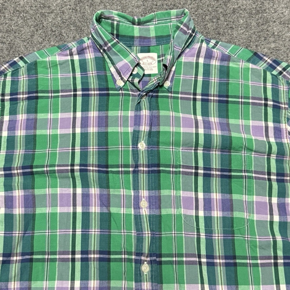 Brooks Brothers Shirt Mens L Green Plaid Indian Madras Colorful Lightweight